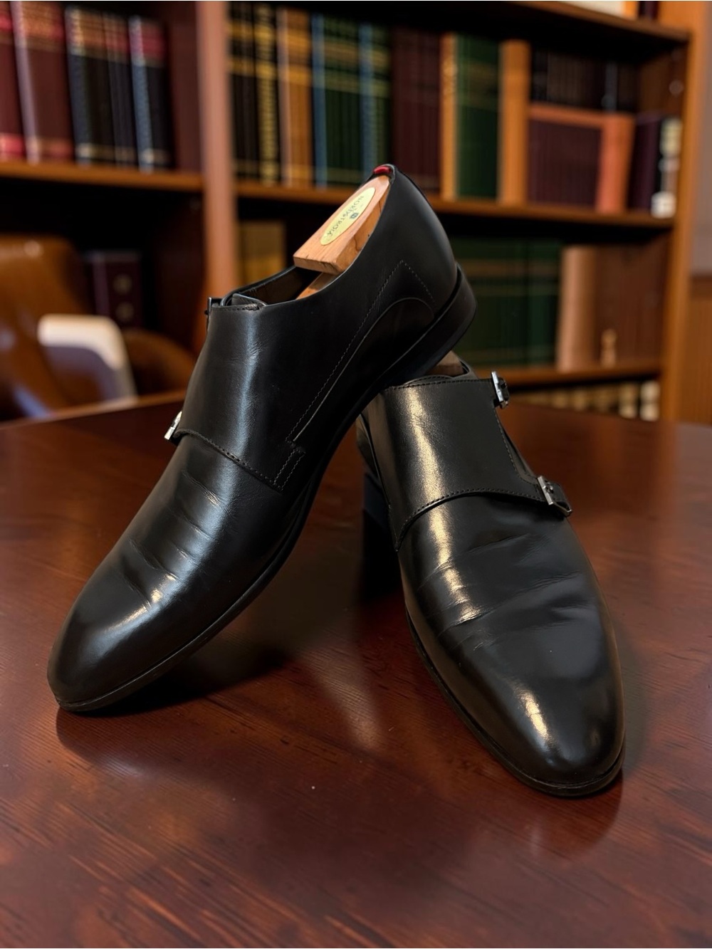 HUGO BOSS Appearl Double Monk Strap Black Leather Dress Shoes Mens 9.5 Vero Cuoi